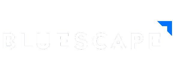 BlueScape logo: white bold wordmark on black background with a blue triangular accent at the right side.