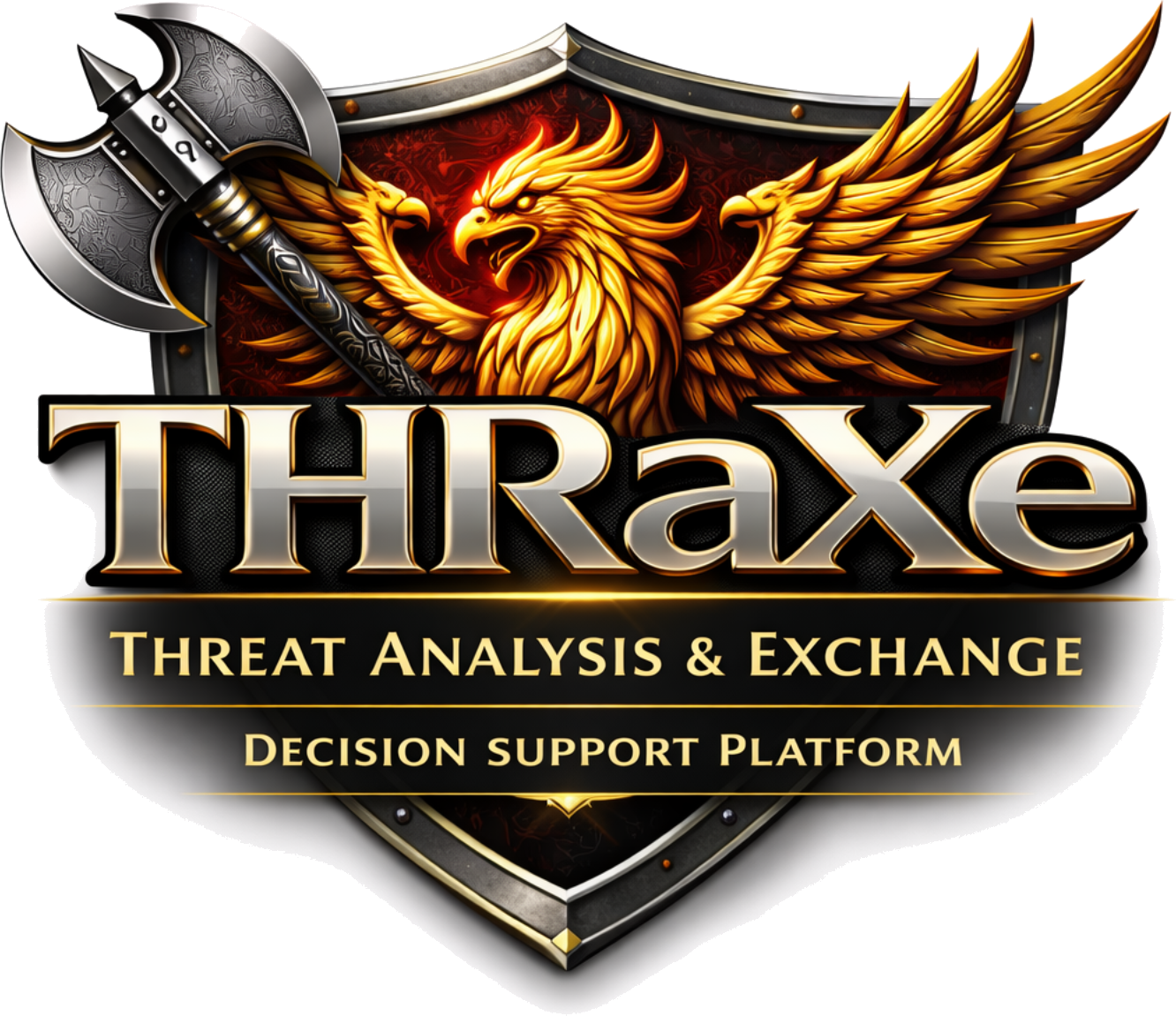 THRAXE logo: golden phoenix on a shield with an ornate axe, and the words 'Threat Analysis & Exchange' below the brand name.